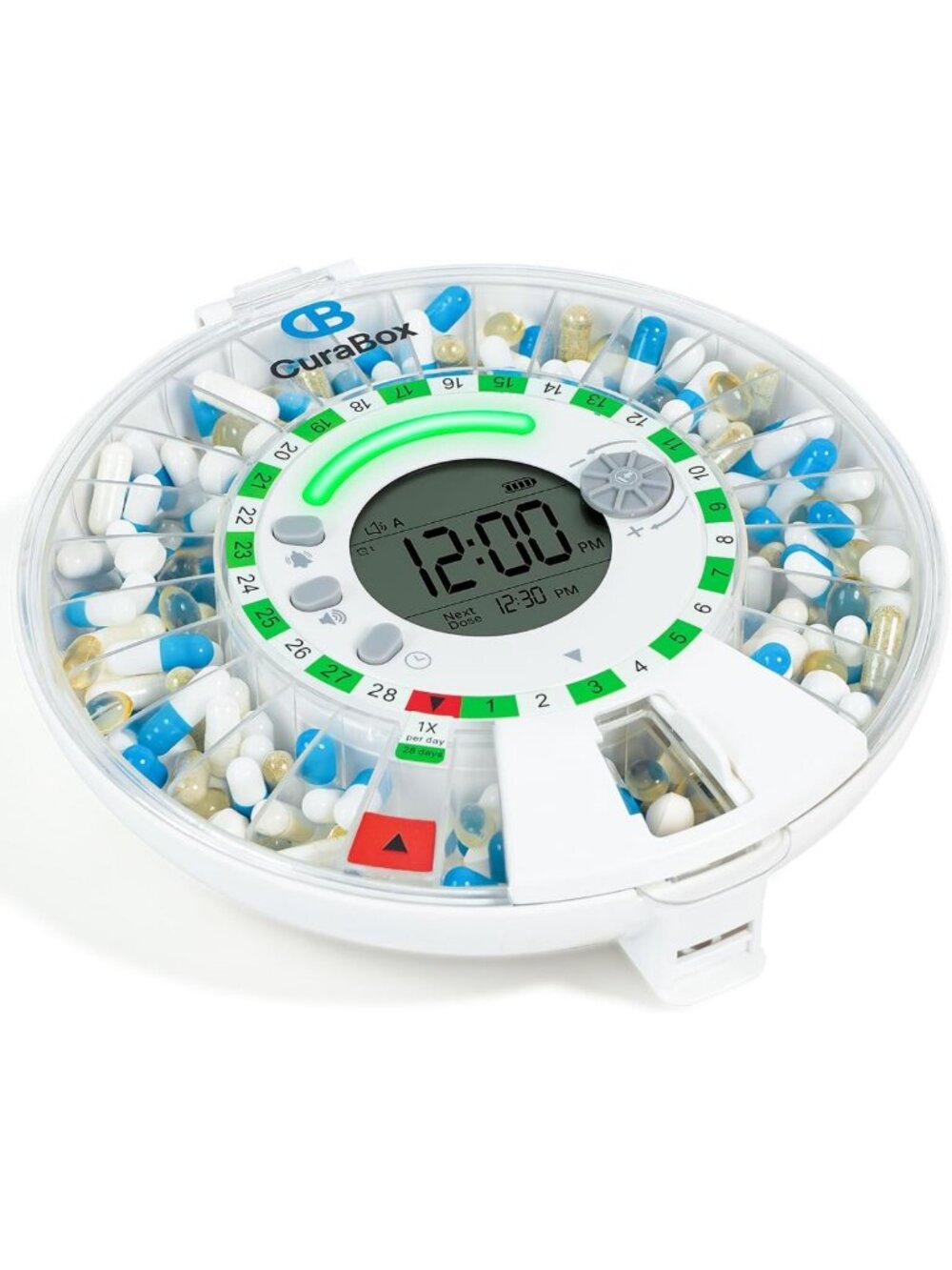 28-Day Automatic Pill Dispenser with Alarm, Key Lock, Light Alerts & LCD Display
